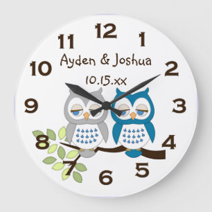 Cute Whimsiques Boy Uggla Twillingars Wall Clock Stor Klocka