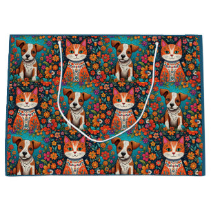 Cute Whimsiques Folk Art Cat och Hund and Flowers