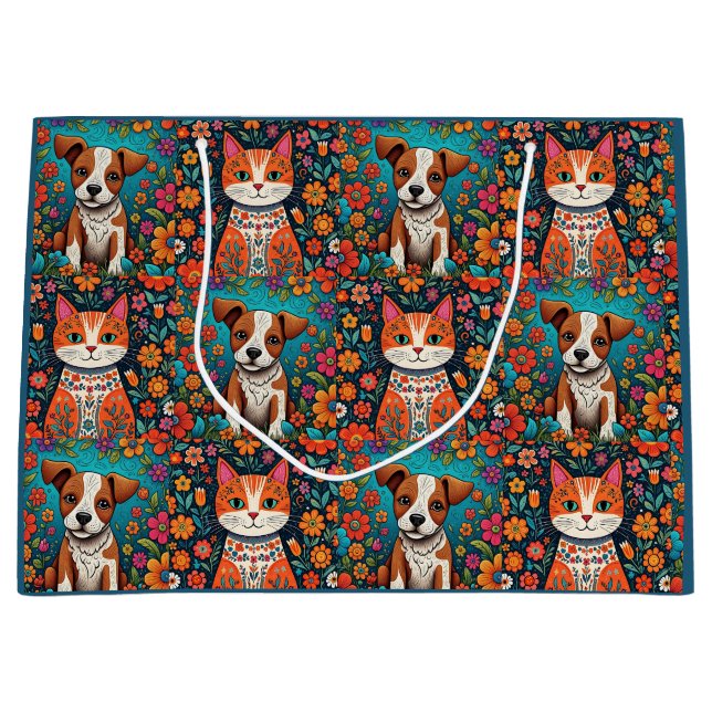 Cute Whimsiques Folk Art Cat och Hund and Flowers (Framsidan)