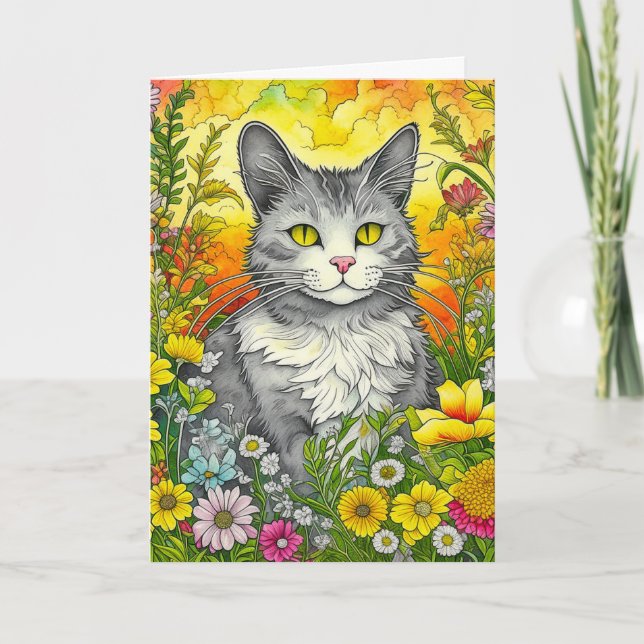 Cute Whimsiques Folk Art Stil Cat and Flowers Kort (Framsida)
