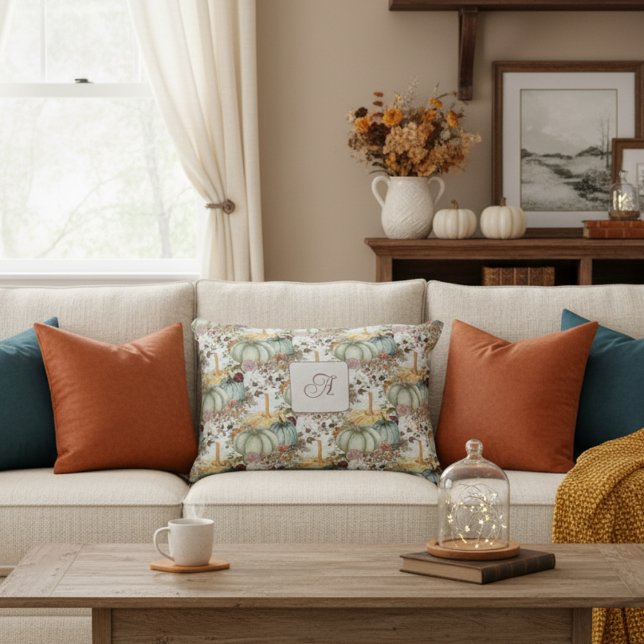 Cute Whimsiques Pumpkins and Flowers Monogram Prydnadskudde (Skapare uppladdad)