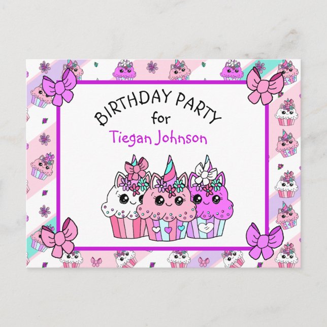 Cute Whimsiques Unicorn Cupcoa Birthday-Inbjudning Vykort (Framsida)