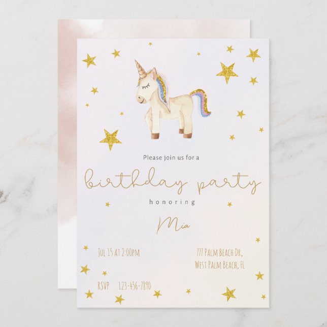Cute Whimsiques Unicorn Guld Stars småbarn födelse Inbjudningar (Fram/baksida)