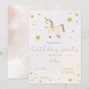 Cute Whimsiques Unicorn Guld Stars småbarn födelse Inbjudningar