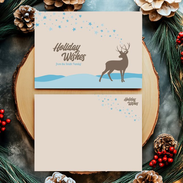 Cute whimsiques utan fotovinter Woodland Hjort Julkort (Whimsy non photo holiday card with deer in winter scene and light blue stars.)