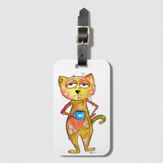 Cute Whimsired Cat Drinking Coffee Bagagebricka (Framsida vertikal)