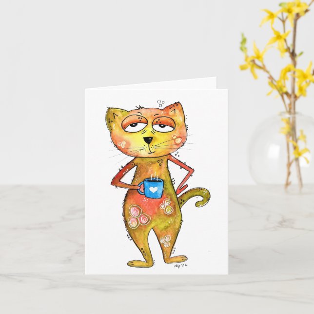 Cute Whimsired Cat Drinking Coffee Kort (Gul blomma)