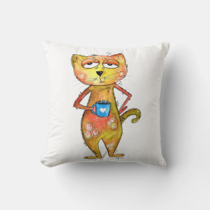 Cute Whimsired Cat Drinking Coffee Kudde