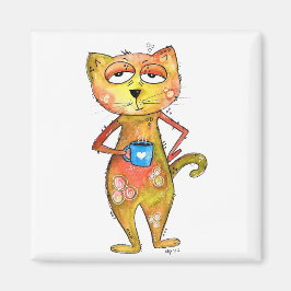 Cute Whimsired Cat Drinking Coffee Magnet