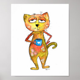 Cute Whimsired Cat Drinking Coffee Poster