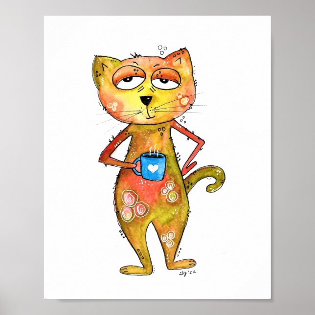 Cute Whimsired Cat Drinking Coffee Poster (Framsidan)