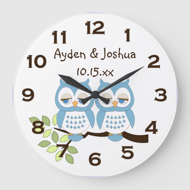 Cute Whimsisique Blue Boy Uggla Twillingars Clock Stor Klocka (Framsida)