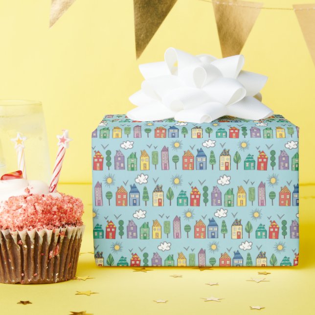 Cute Whimsy Neighborhood Wrapping Paper Roll Presentpapper (Födelsedagsfest)
