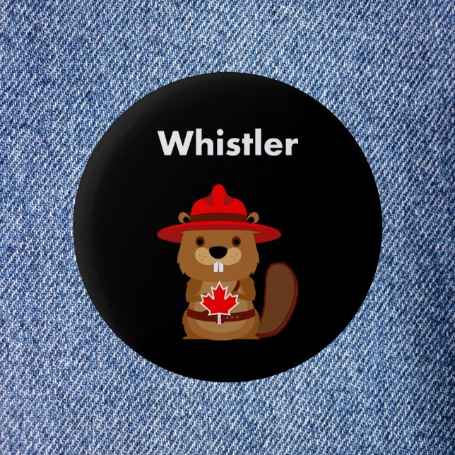 Cute Whistler Canada Beaver med Maple Löv Mörk Knapp (Skapare uppladdad)