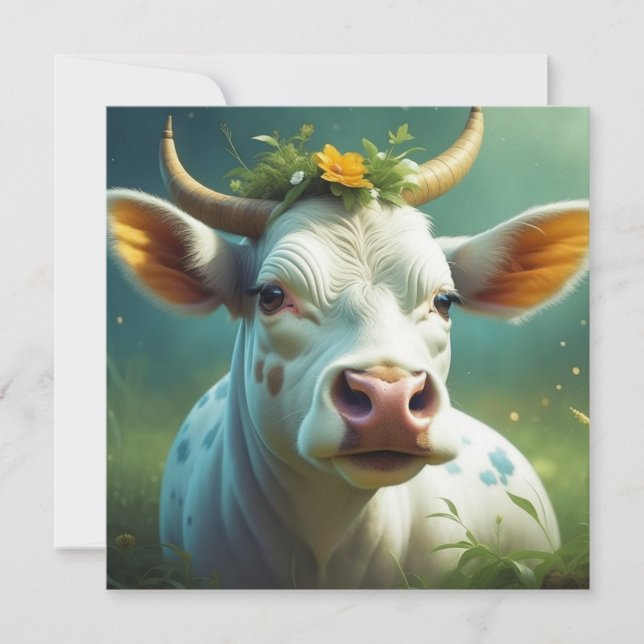 Cute White Ai Cow med horn och blommor (Framsida)