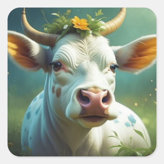 Cute White Ai Cow med horn och blommor Fyrkantigt Klistermärke (Framsida)