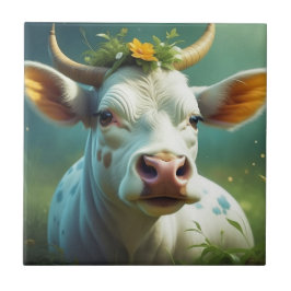 Cute White Ai Cow med horn och blommor Kakelplatta