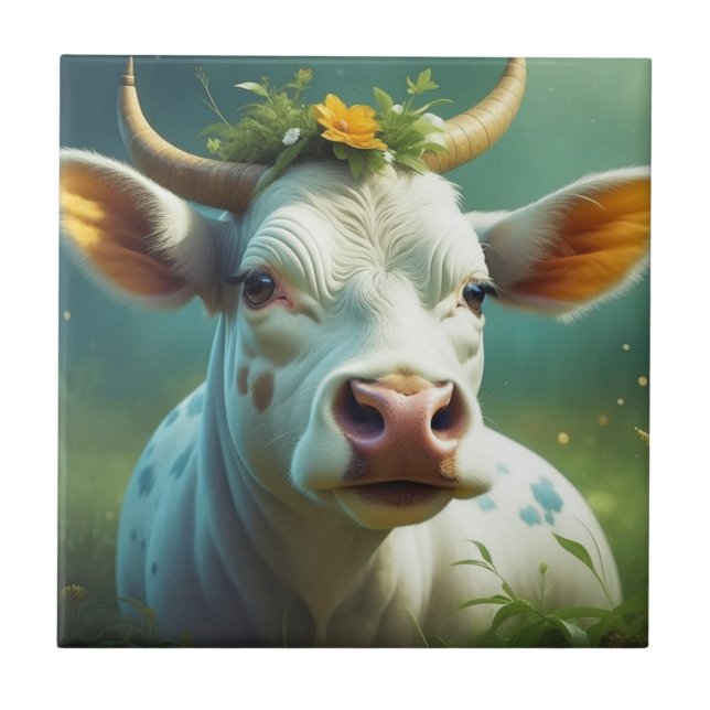 Cute White Ai Cow med horn och blommor Kakelplatta (Framsidan)