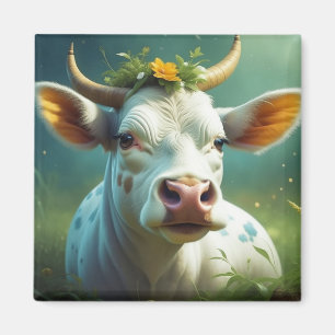 Cute White Ai Cow med horn och blommor Magnet