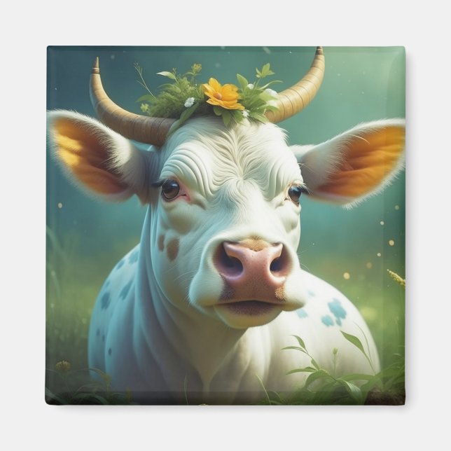 Cute White Ai Cow med horn och blommor Magnet (Framsidan)