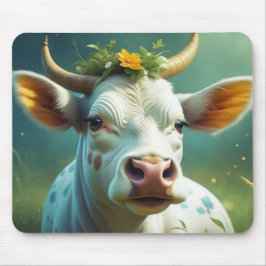 Cute White Ai Cow med horn och blommor Musmatta