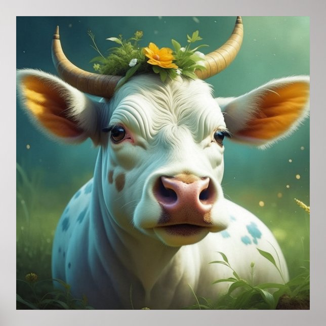 Cute White Ai Cow med horn och blommor Poster (Framsidan)