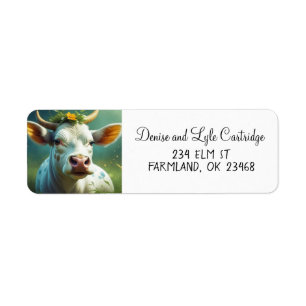 Cute White Ai Cow med horn och blommor Returadress Etikett