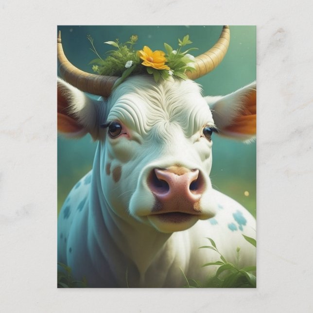 Cute White Ai Cow med horn och blommor Vykort (Framsida)