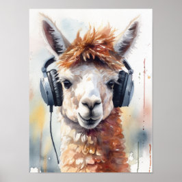 Cute white alpaca med hörlurar poster