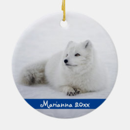 Cute White Arctic Fox i Snö Ceramic Ornamic Julgransprydnad Keramik