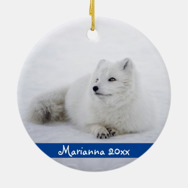 Cute White Arctic Fox i Snö Ceramic Ornamic Julgransprydnad Keramik (Baksidan)