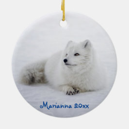 Cute White Arctic Fox i Snö Julgransprydnad Keramik