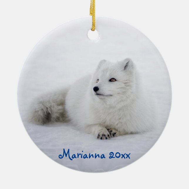 Cute White Arctic Fox i Snö Julgransprydnad Keramik (Baksidan)