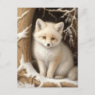Cute White Baby Fox i Snö Vykort