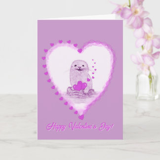 Cute White Baby Sea Otter , Happy Valentines Day Kort