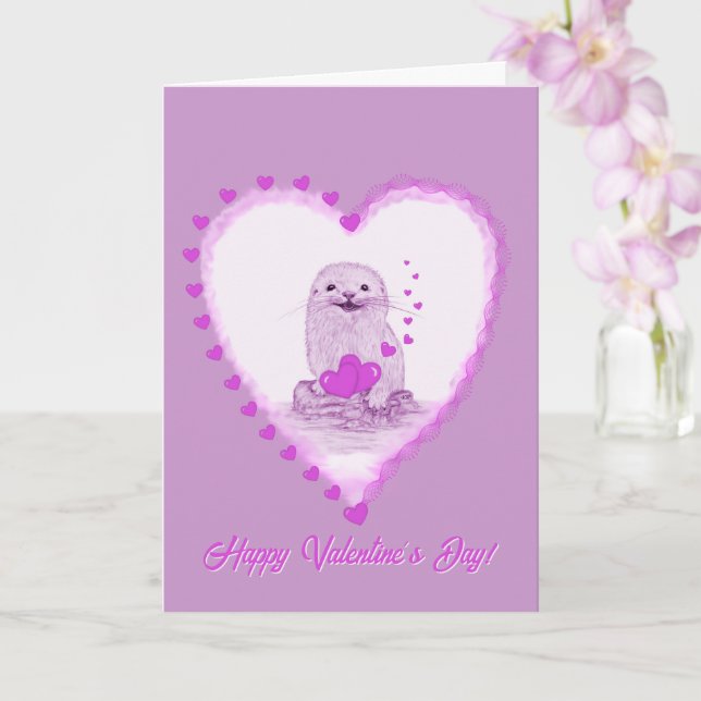 Cute White Baby Sea Otter , Happy Valentines Day Kort (Orkide)