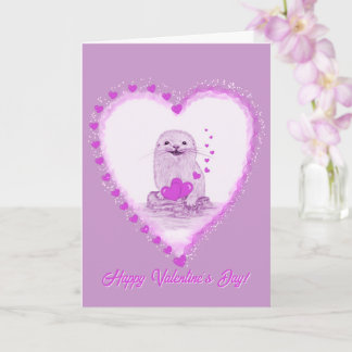 Cute White Baby Sea Otter , Happy Valentines Day Kort
