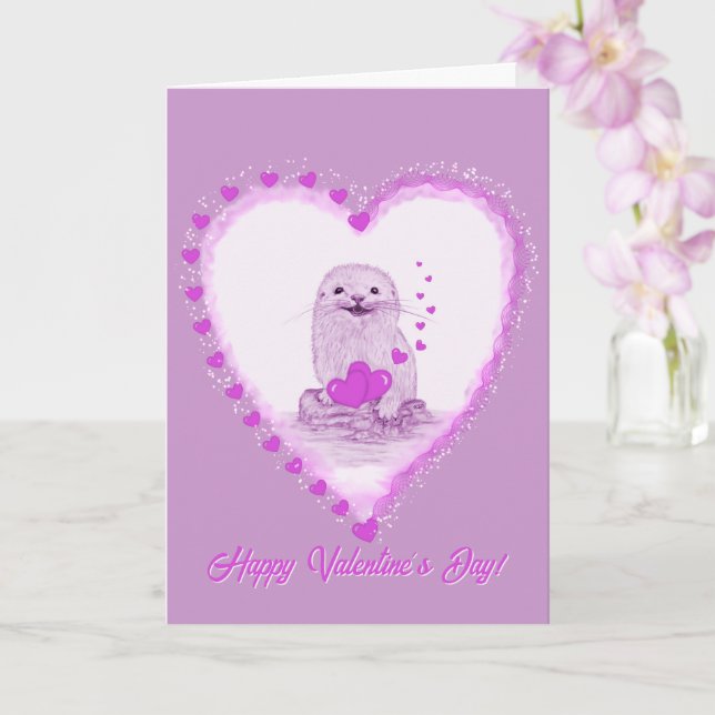 Cute White Baby Sea Otter , Happy Valentines Day Kort (Orkide)