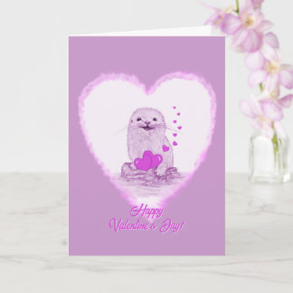 Cute White Baby Sea Otter , Happy Valentines Day Kort