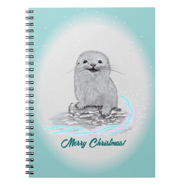 Cute White Baby Sea Otter , Merry Christmas Anteckningsbok (Framsidan)