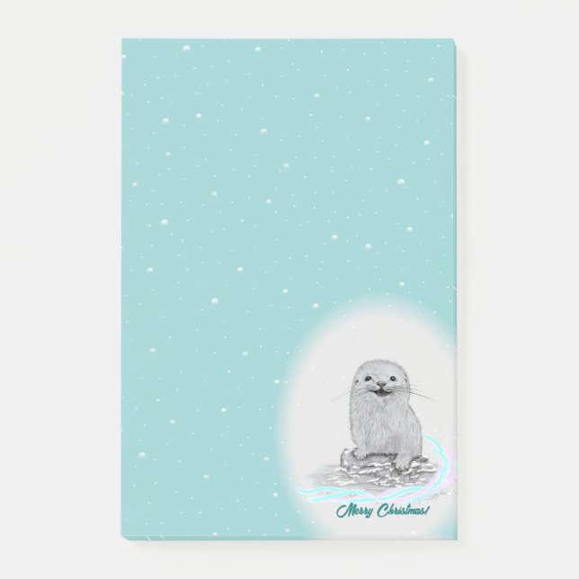 Cute White Baby Sea Otter , Merry Christmas Post-it Block (Framsida)