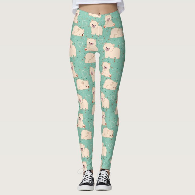 Cute White Bears Mönster Leggings (Framsida)