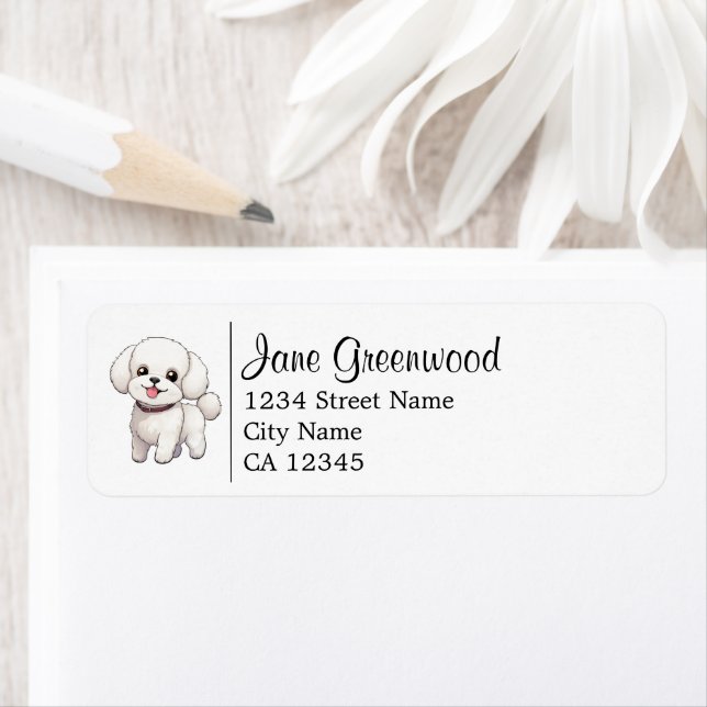 Cute White Bichon Frise Hund och Adress Returadress Etikett (Insitu)