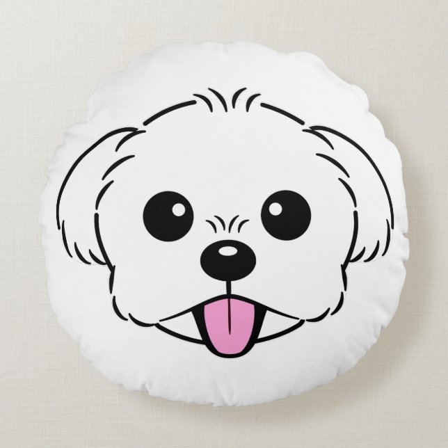 Cute White Bichon Frise Hund Sticking Tunga Out Rund Kudde (Framsidan)
