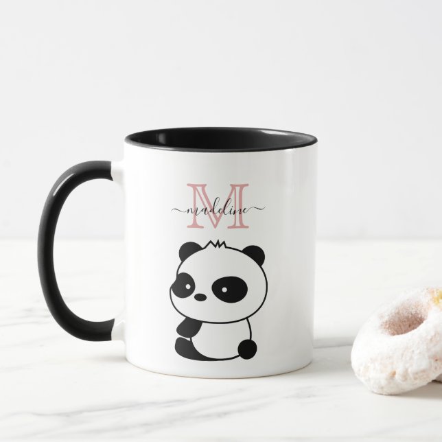 Cute White Black Panda Modern Rosa Monogram Mugg (Med munk)
