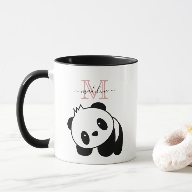 Cute White Black Panda Modern Rosa Monogram Mugg (Med munk)