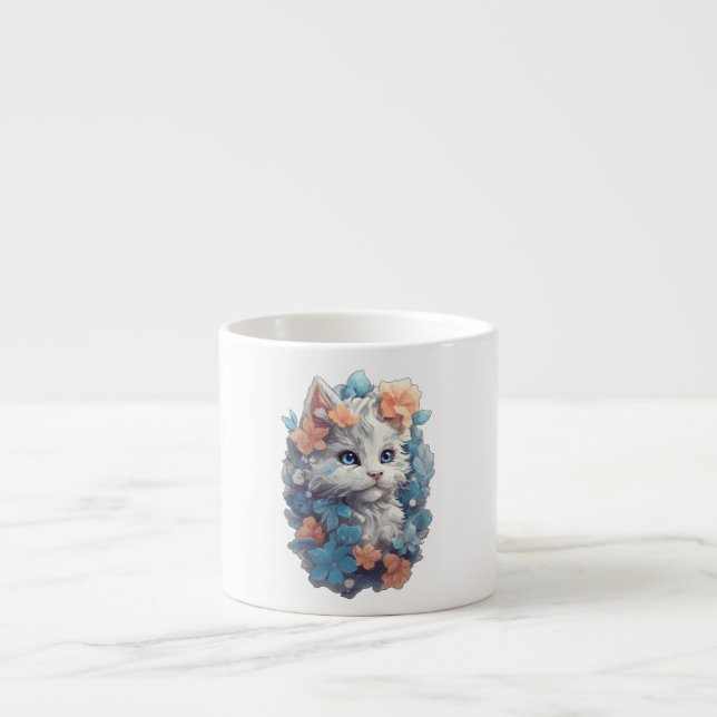 Cute White Blommigt Kattunge Espressomugg (Framsidan)
