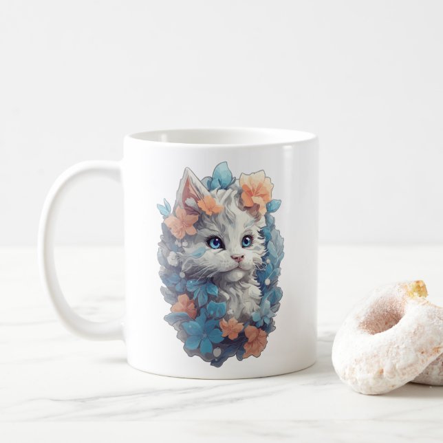 Cute White Blommigt Kattunge Kaffemugg (Med munk)