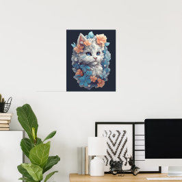 Cute White Blommigt Kattunge Poster