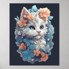 Cute White Blommigt Kattunge Poster